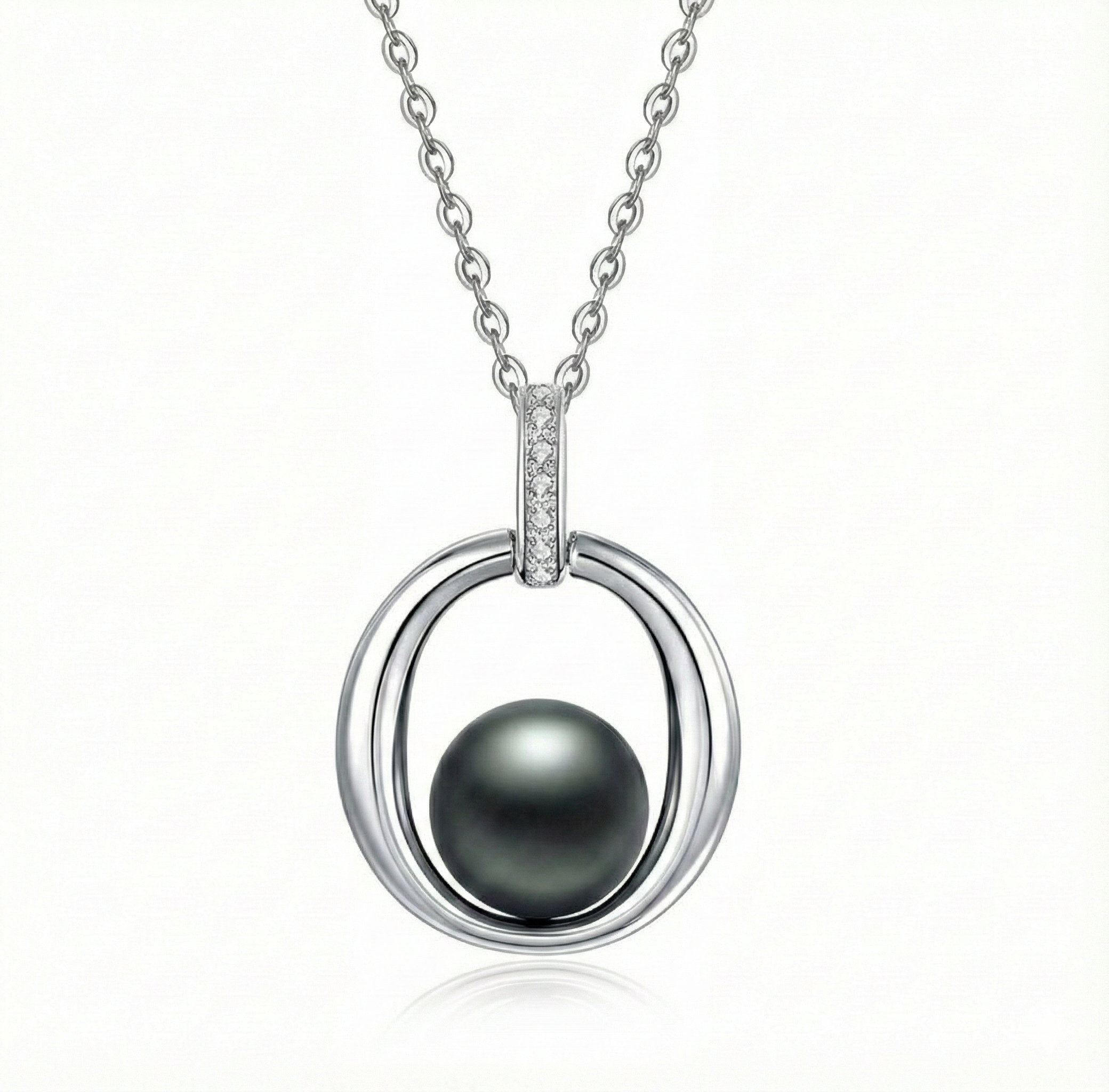 The Eclipse – Circle Pearl Pendant (9-10mm) S925 Sterling Silver Tahitian Black Pearl Moissanite Necklace (Silver)