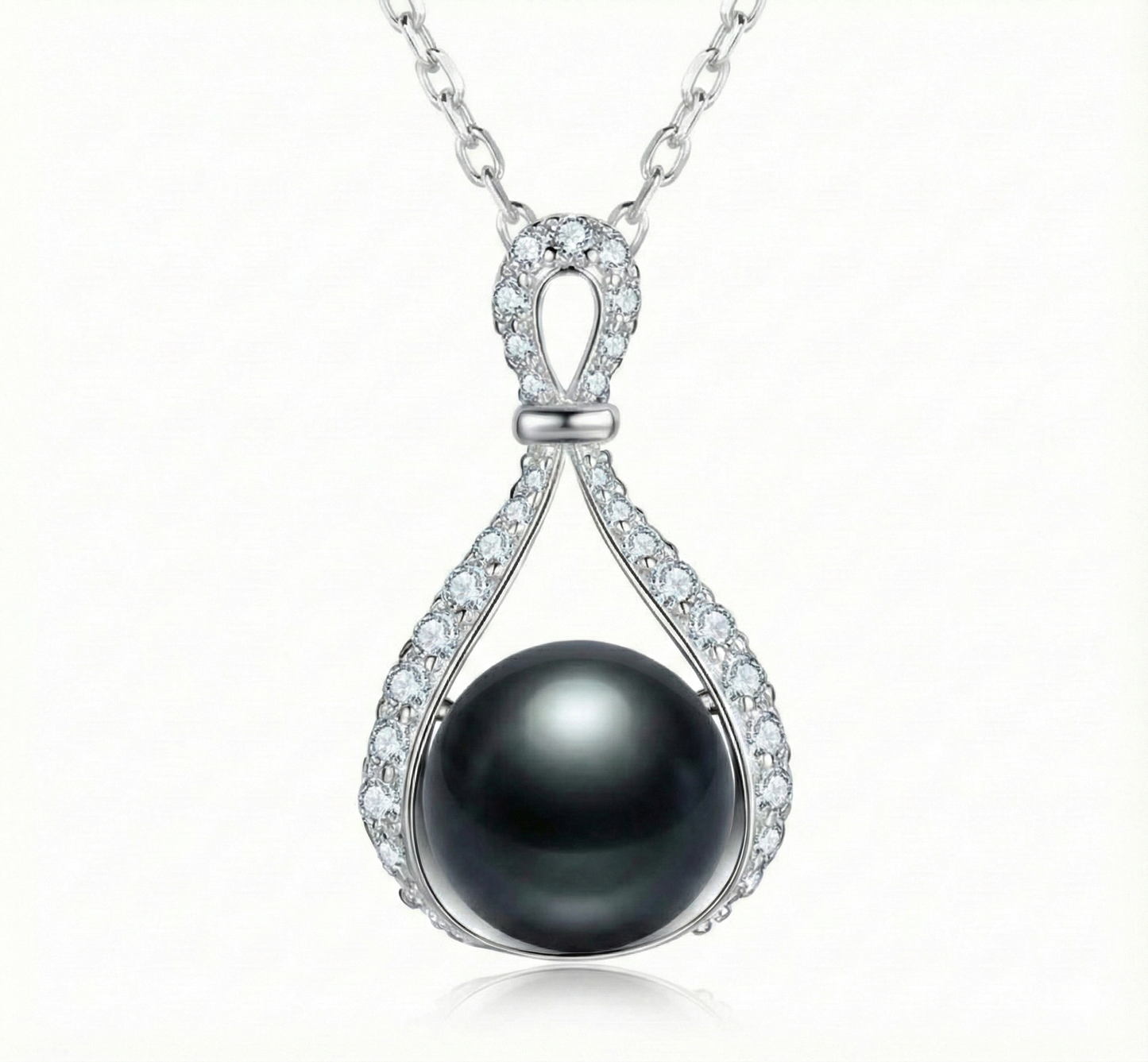 S925 Sterling Silver Tahitian Black Pearl & Moissanite Pendant (9-10mm) (Silver)