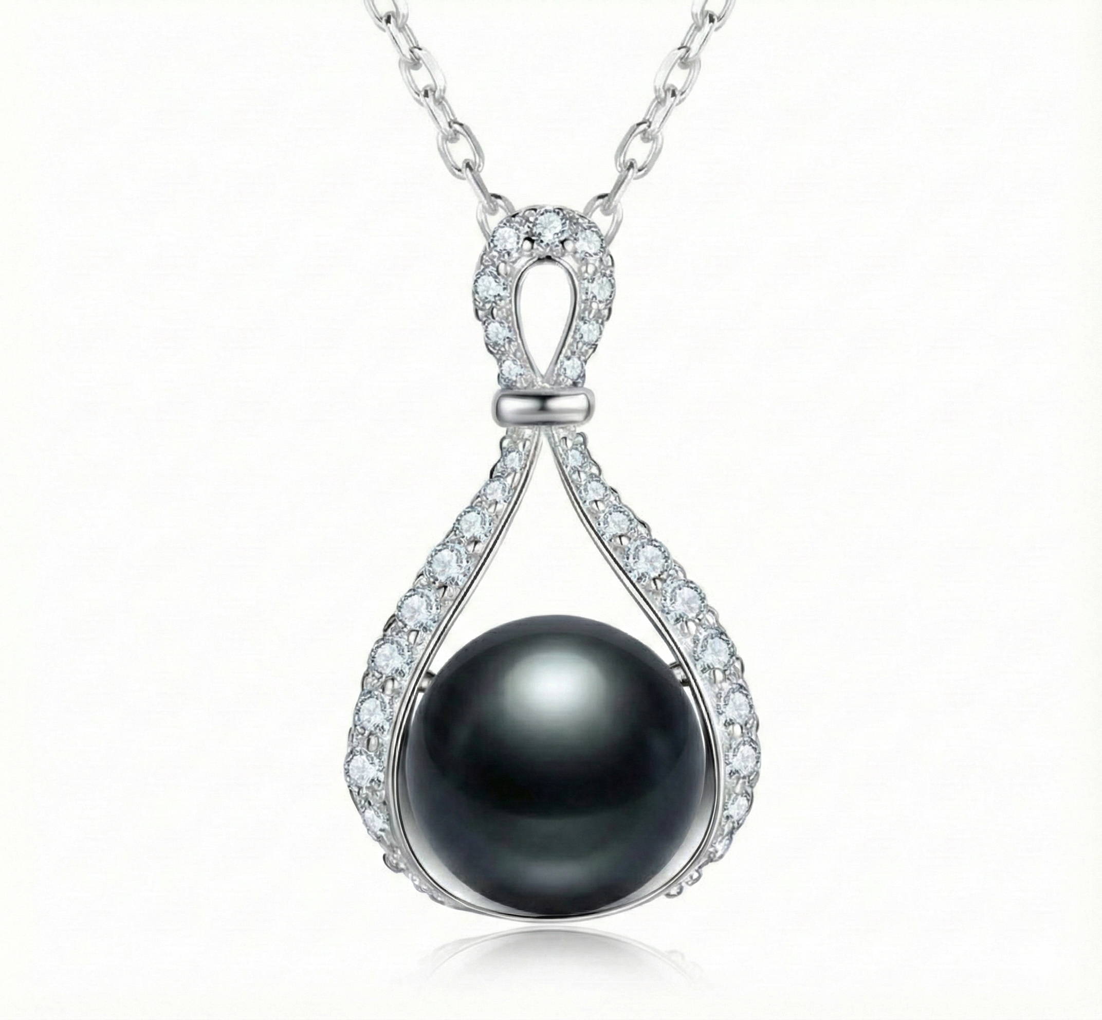 S925 Sterling Silver Tahitian Black Pearl & Moissanite Pendant (9-10mm) (Silver)