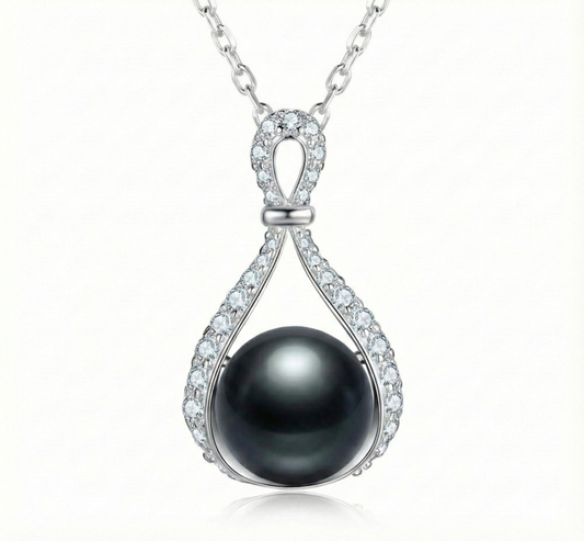 S925 Sterling Silver Tahitian Black Pearl & Moissanite Pendant (9-10mm) (Silver)