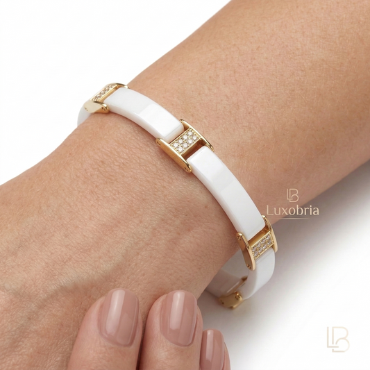 Gold & White Ceramic H-Link Pave S925 Sterling Silver Moissanites Bracelet (Gold)