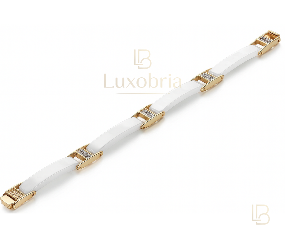 Gold & White Ceramic H-Link Pave S925 Sterling Silver Moissanites Bracelet (Gold)