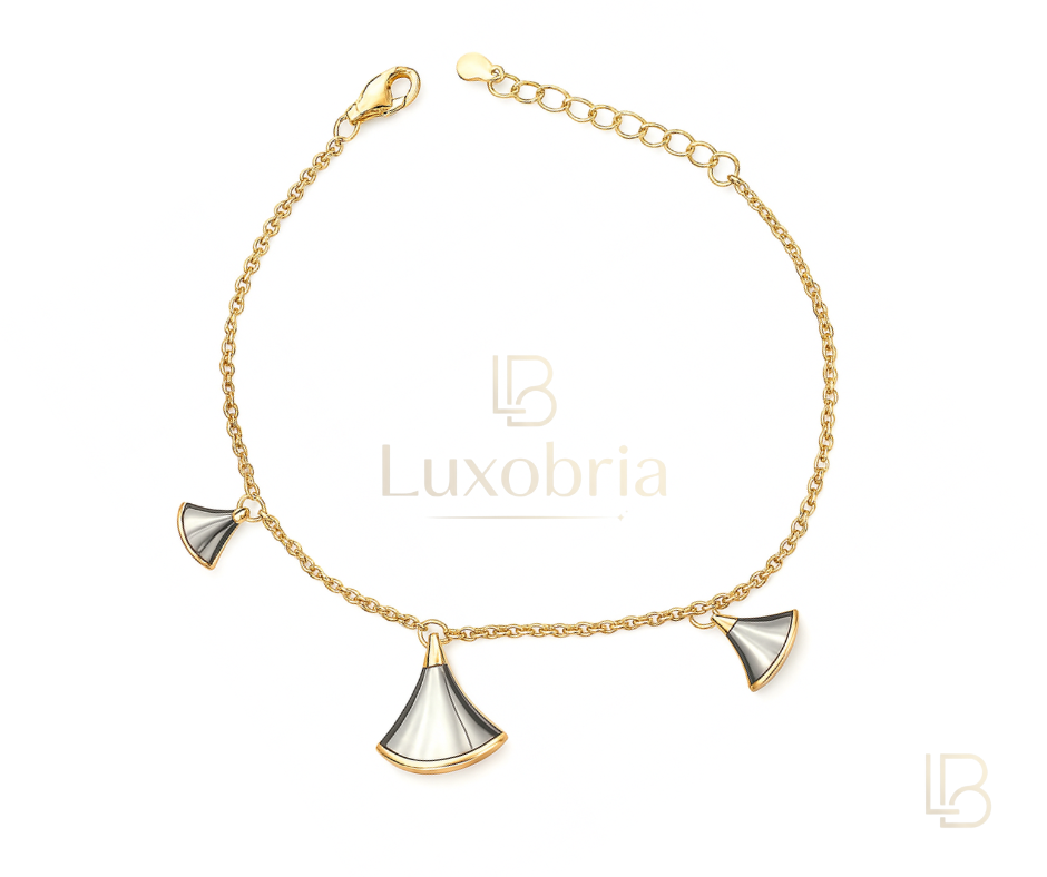 Gold Fan-Shaped Black Mother of Pearl S925 Sterling Silver Bracelet (Gold)