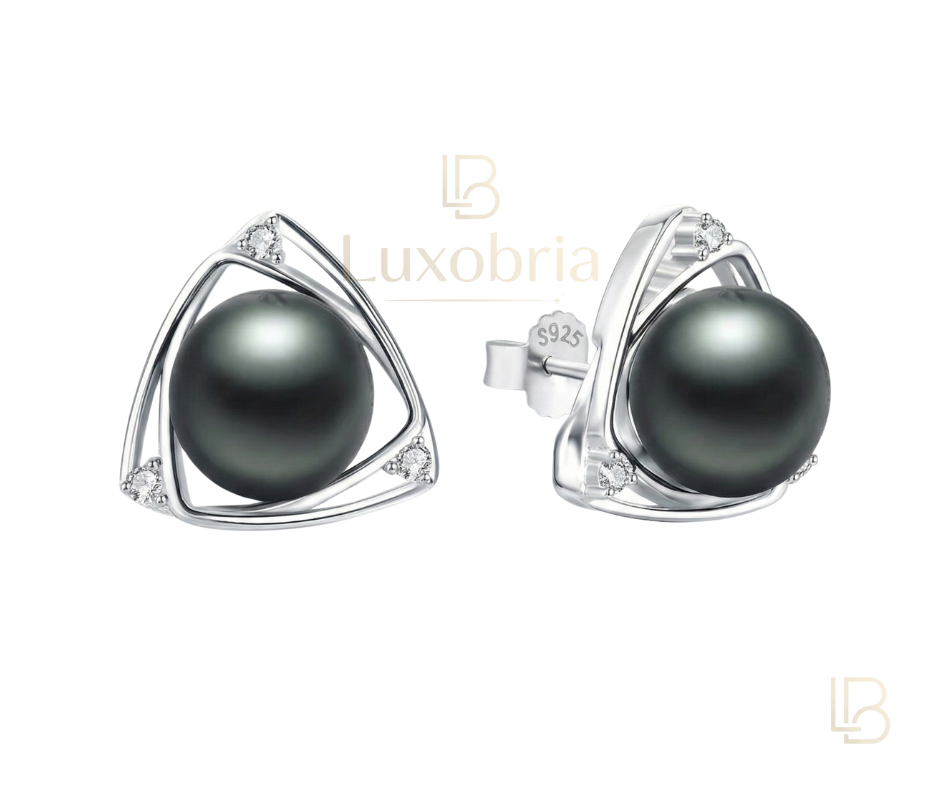 The Trinity – Geometric Triangle Pearl Studs (10-11mm) S925 Sterling Silver Tahitian Black Pearl Moissanite Earrings (Silver)