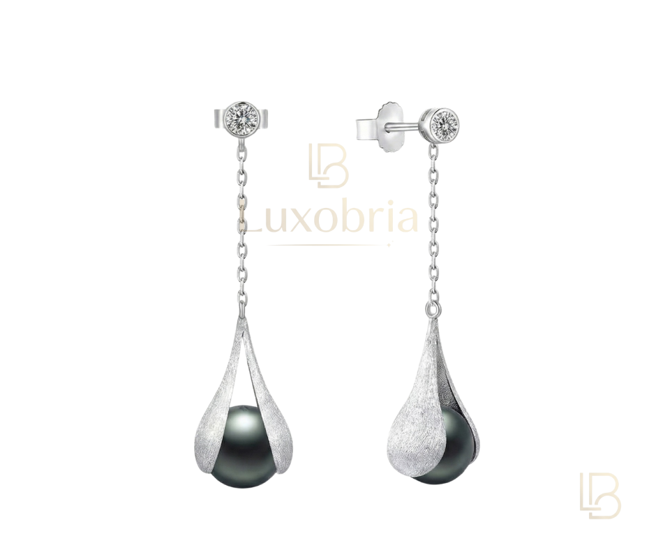 The Modern Muse – Linear S925 Sterling Silver Tahitian Pearl Moissanite Earrings (9-10mm) (Silver)