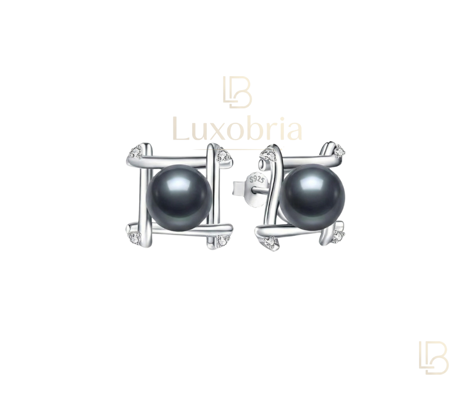 The Modernist – Geometric Pearl Studs (9-10mm) S925 Sterling Silver Tahitian Black Pearl Earrings (Silver)