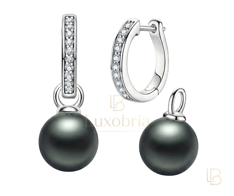 The Eternal Hoop – Paved Pearl Drop Earrings (9-10mm) S925 Sterling Silver Tahitian Black Pearl Moissanite Earrings (Silver)