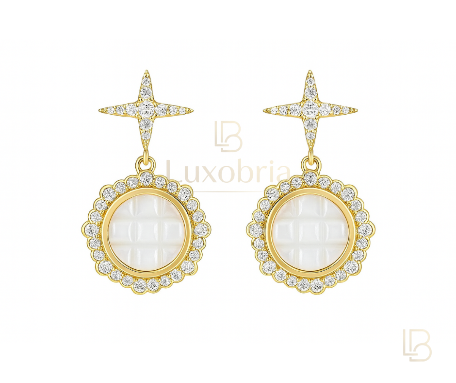 Celestial Star Quilted White Ceramic Drop S925 Sterling Silver Moissanites Earrings (Gold)