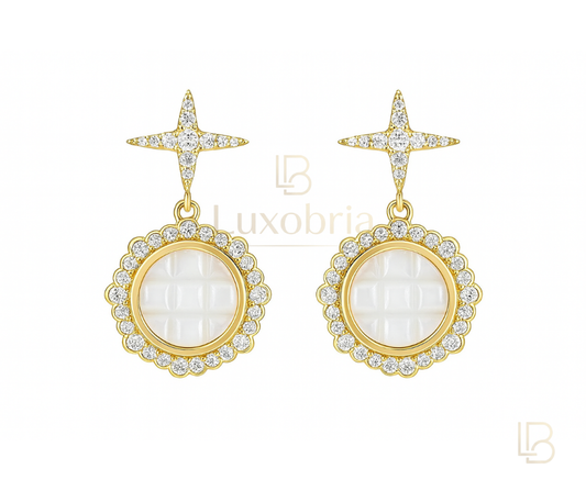 Celestial Star Quilted White Ceramic Drop S925 Sterling Silver Moissanites Earrings (Gold)