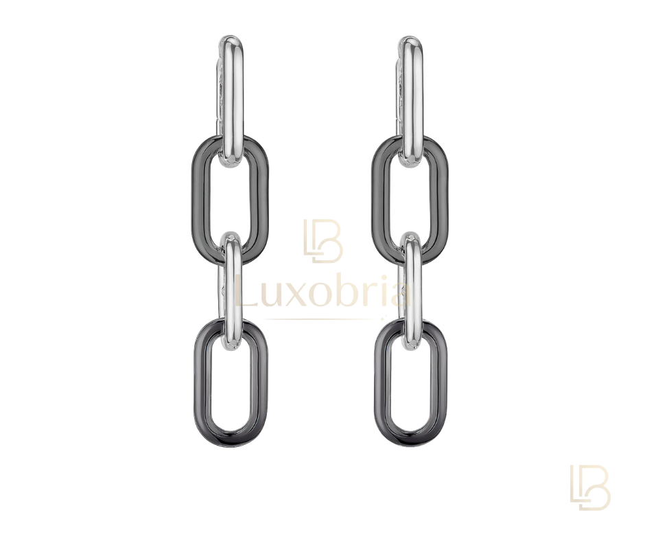 Modern Silver Triple Link Chain Drop S925 Sterling Silver Black Ceramic Earrings (Silver)