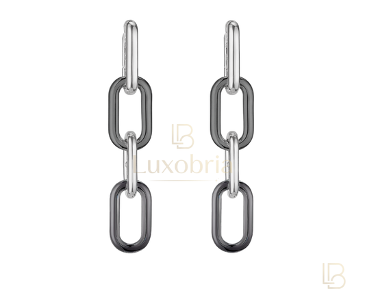 Modern Silver Triple Link Chain Drop S925 Sterling Silver Black Ceramic Earrings (Silver)