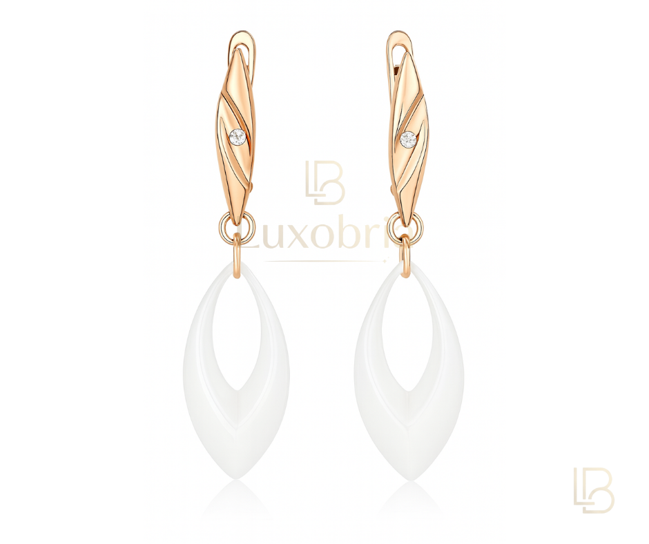 Silver Triple Link Chain Drop S925 Sterling Silver White Ceramic Moissanites Earrings (Rose Gold)