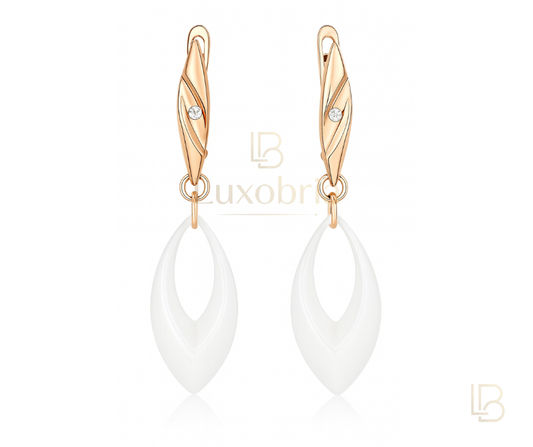 Silver Triple Link Chain Drop S925 Sterling Silver White Ceramic Moissanites Earrings (Rose Gold)