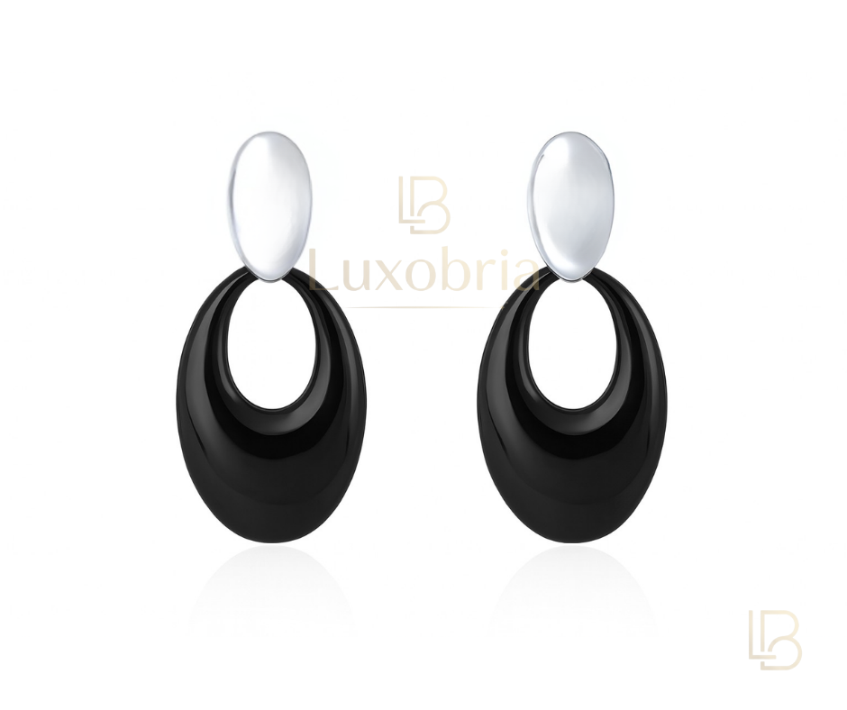 Silver Triple Link Chain Drop S925 Sterling Silver Black Ceramic Earrings (Silver)