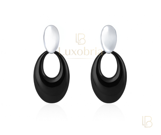 Silver Triple Link Chain Drop S925 Sterling Silver Black Ceramic Earrings (Silver)