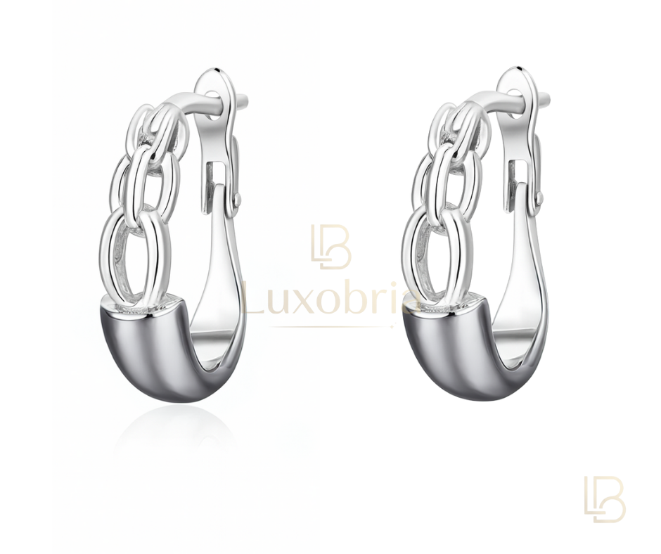 Silver Chain Detail U-Shape Hoop S925 Sterling Silver Black Ceramic Earrings (Silver)