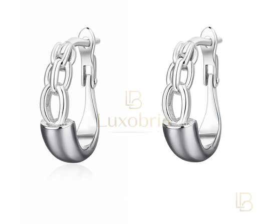 Silver Chain Detail U-Shape Hoop S925 Sterling Silver Black Ceramic Earrings (Silver)