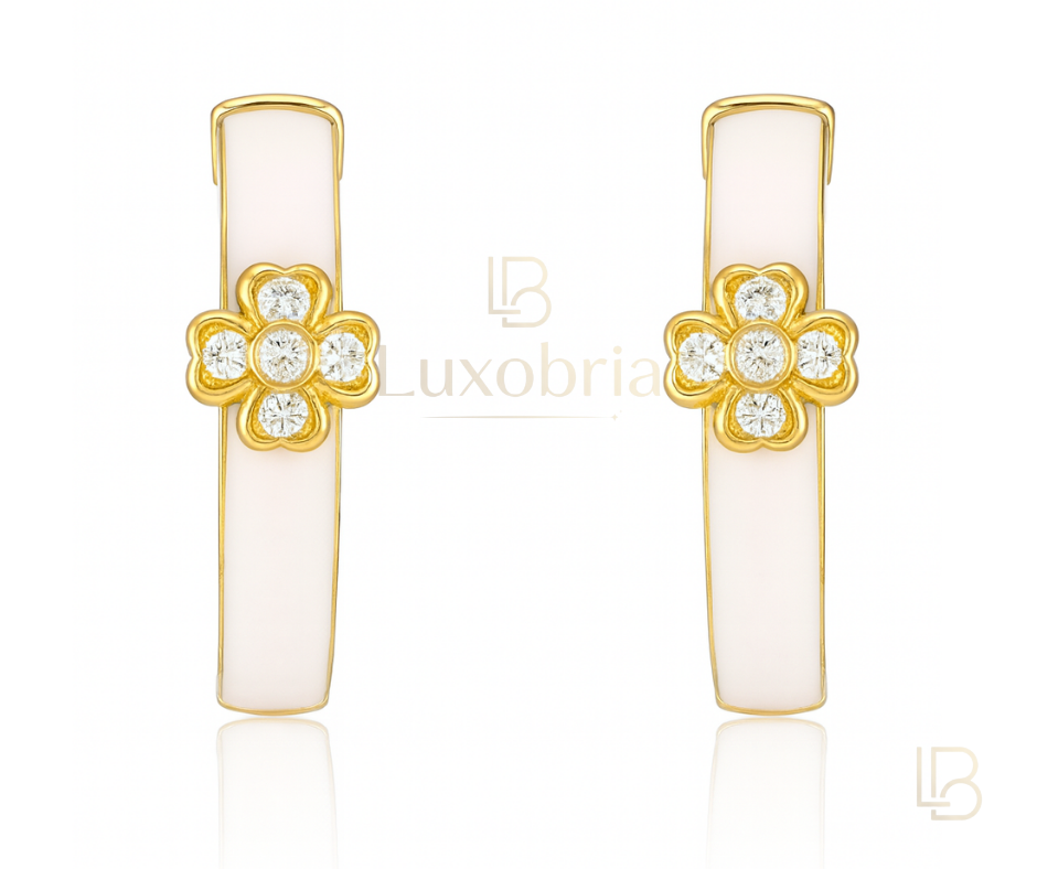 Gold Floral Clover & White Ceramic Hoop S925 Sterling Silver Moissanites Earrings (Gold)