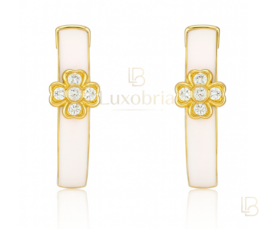 Gold Floral Clover & White Ceramic Hoop S925 Sterling Silver Moissanites Earrings (Gold)