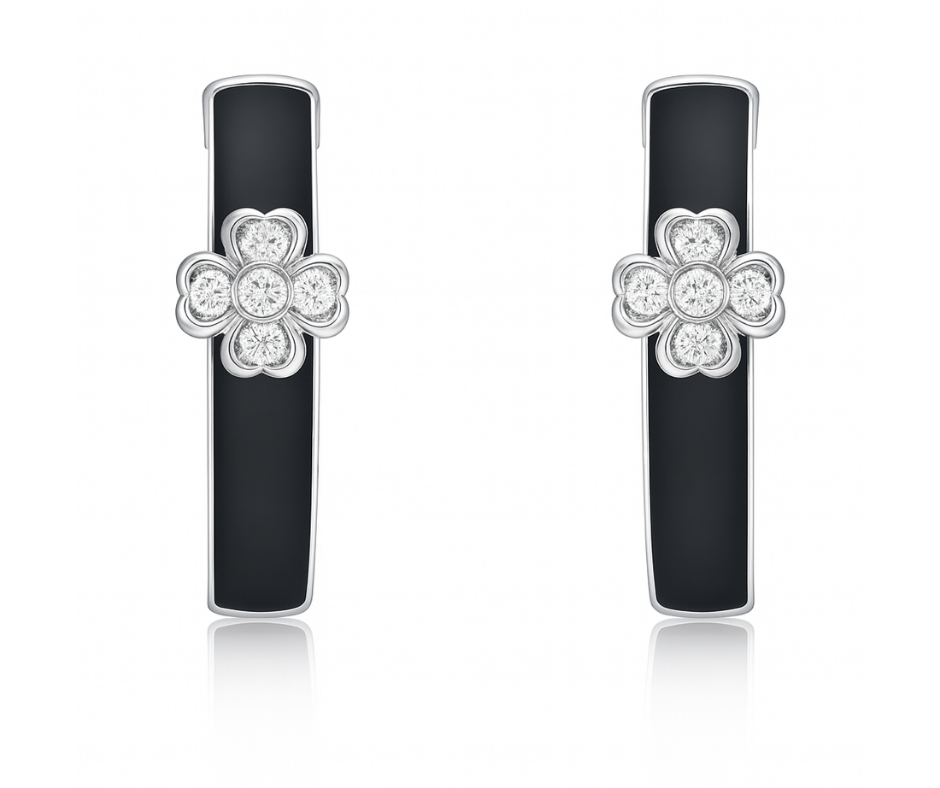 Silver Floral Clover & Black Ceramic J-Hoop S925 Sterling Silver Moissanites Earrings (Silver)