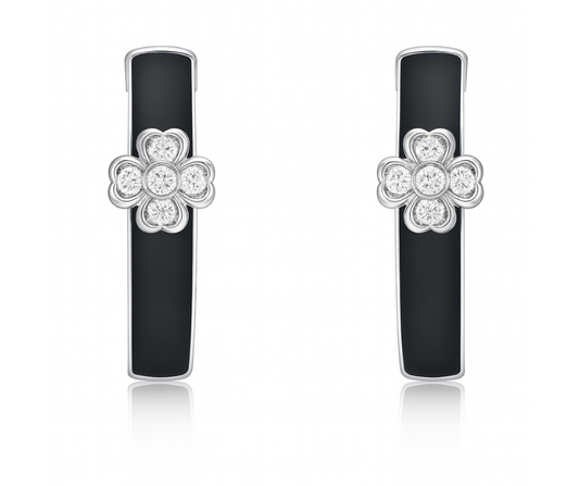 Silver Floral Clover & Black Ceramic J-Hoop S925 Sterling Silver Moissanites Earrings (Silver)