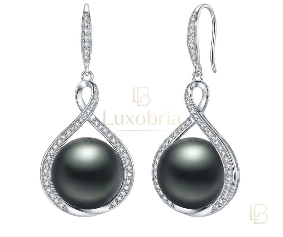 The Serenity – Solitaire Hook Pearl Earrings (9-10mm) S925 Sterling Silver Tahitian Black Pearl Moissanite Earrings (Silver)