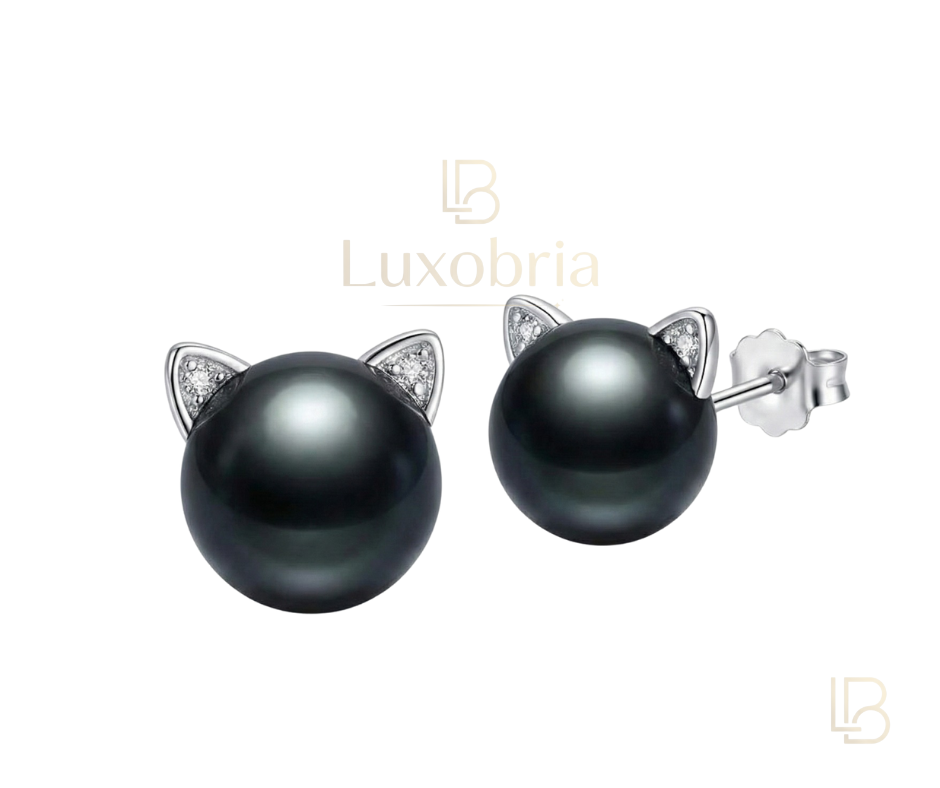 The Midnight Feline – Cat Ear Pearl Earrings (9-10mm) S925 Sterling Silver Tahitian Black Pearl Moissanite Earrings (Silver)