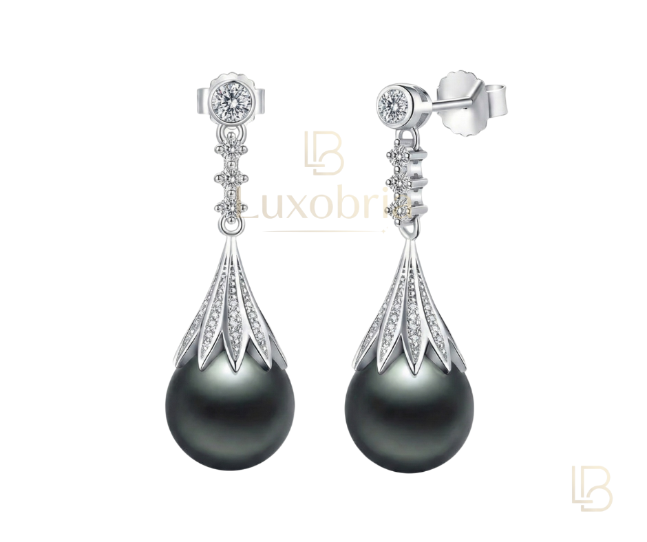 Radiance Pearl S925 Sterling Silver Tahitian Black Pearl Moissanites Earrings (9-10mm) (Silver)