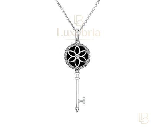 Vintage Floral Key S925 Sterling Silver Black Pendant Necklace (Silver)