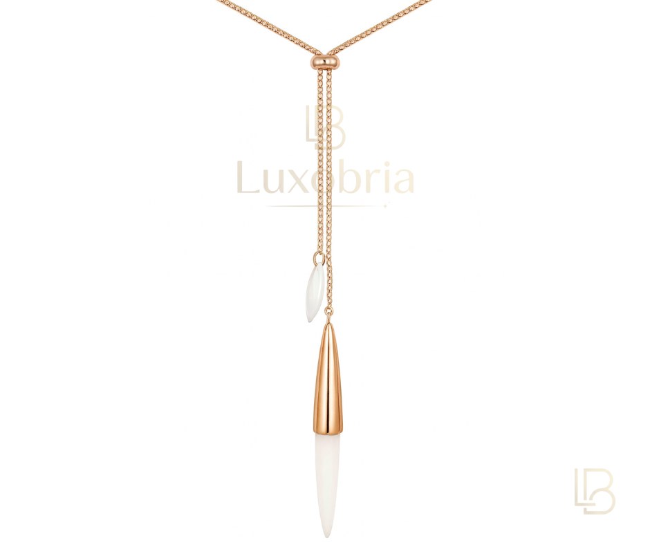 The Pendulum Lariat Necklace S925 Sterling Silver White Ceramic Lariat Necklace (Rose Gold)
