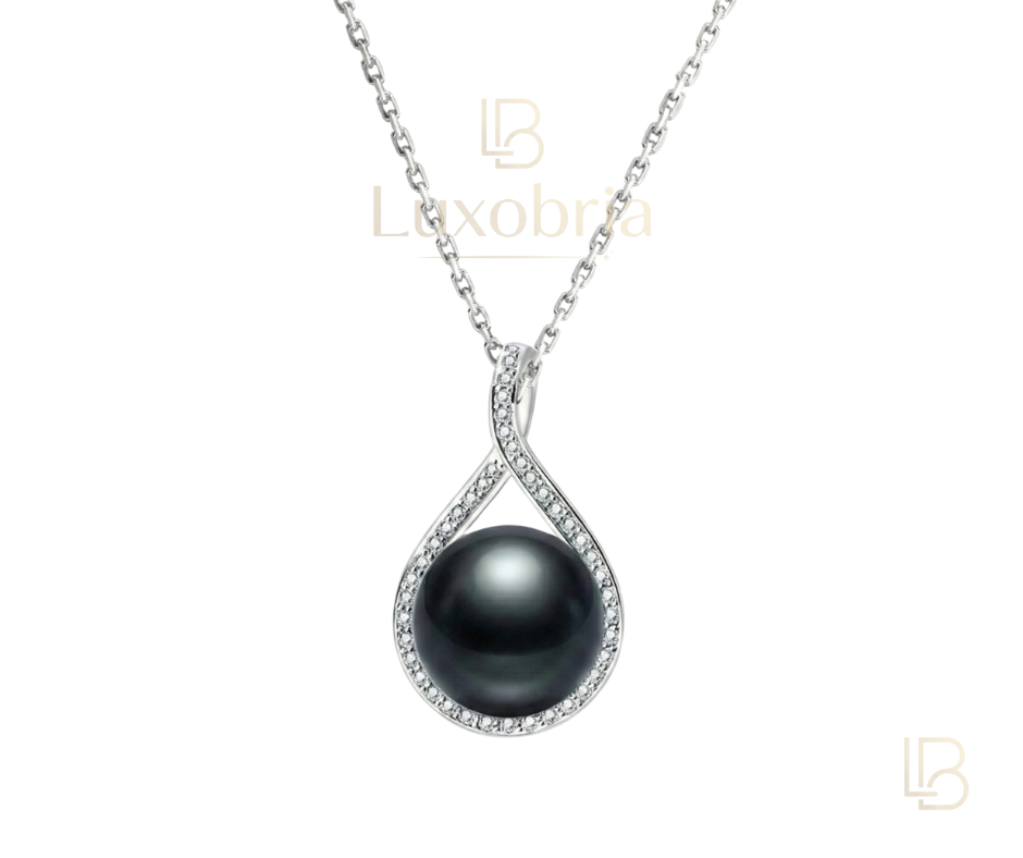 The Grandeur – Paved Teardrop Pendant (11-12mm) S925 Sterling Silver Tahitian Black Pearl Moissanite Necklace (Silver)