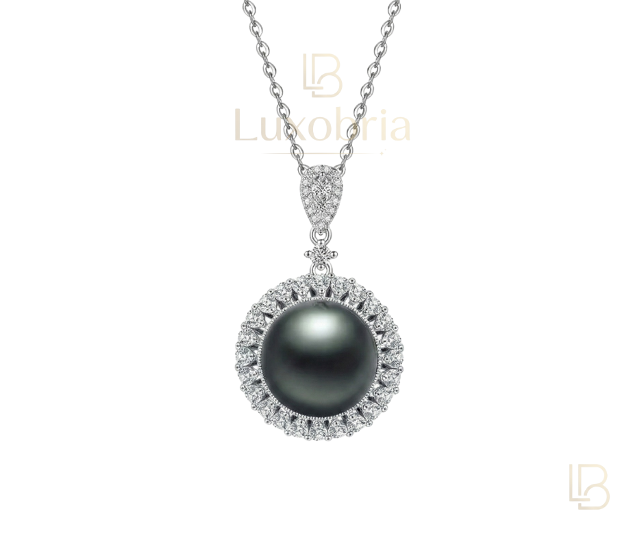The Imperial Halo – Statement Pendant (12-13mm) S925 Sterling Silver Tahitian Black Pearl Moissanite Necklace (Silver)