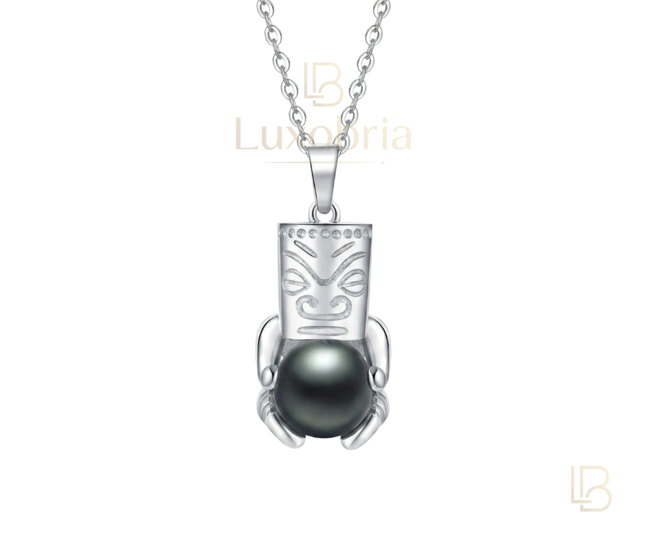 The Guardian – Polynesian Totem Pendant (10-11mm) S925 Sterling Silver Tahitian Black Pearl Moissanite Necklace (Silver)