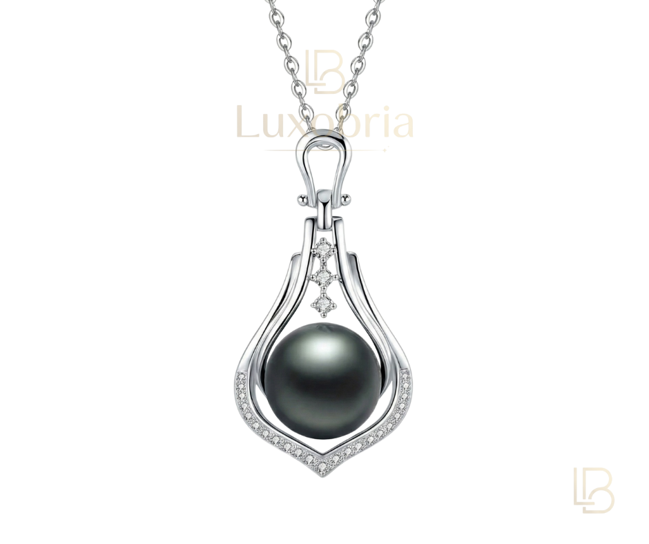 The Ethereal Drop – Split Bail Pendant (10-11mm) S925 Sterling Silver Tahitian Black Pearl Moissanite Necklace (Silver)