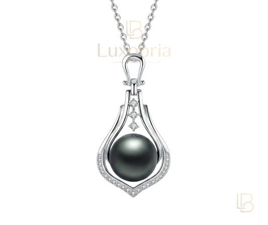 The Ethereal Drop – Split Bail Pendant (10-11mm) S925 Sterling Silver Tahitian Black Pearl Moissanite Necklace (Silver)