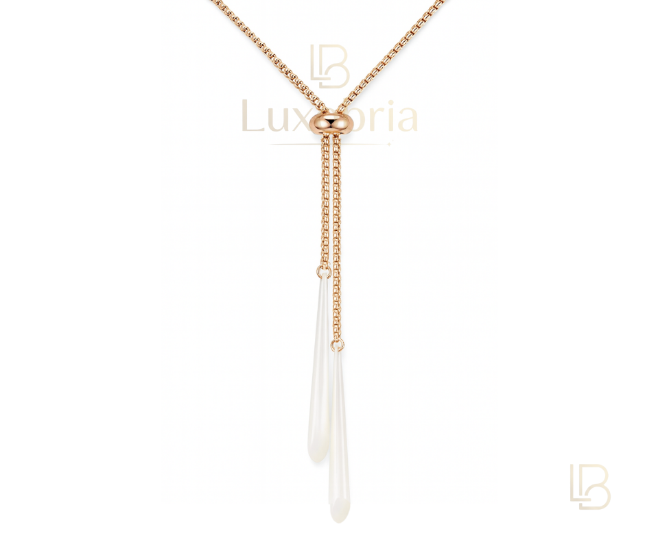 The Ceramic Cascade Lariat S925 Sterling Silver White Ceramic Lariat Necklace (Rose Gold)