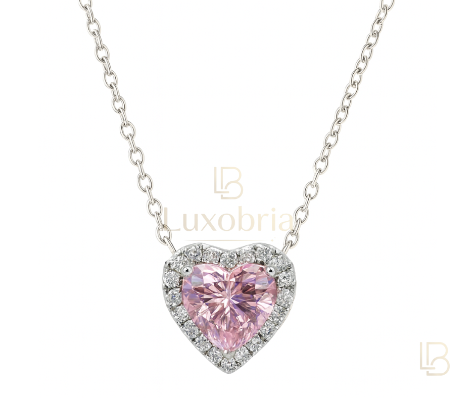 First Love S925 Sterling Silver Pink Heart Moissanite Necklace (Silver)