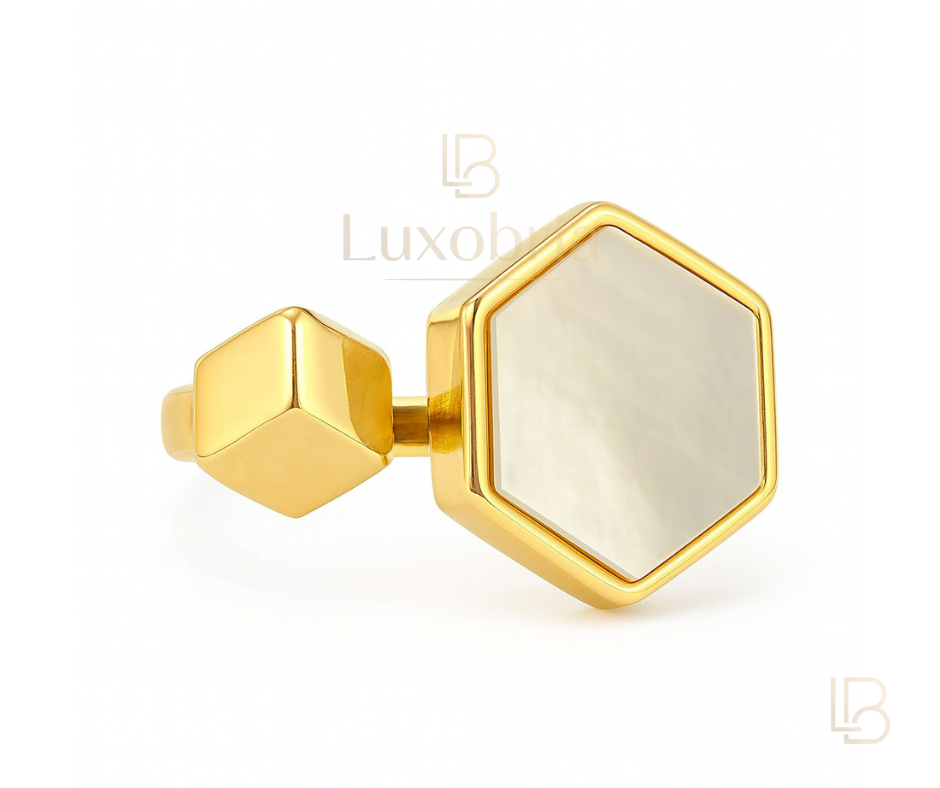 Geometric Hexagon Mother of Pearl Open S925 Sterling Silver Ring (Gold)
