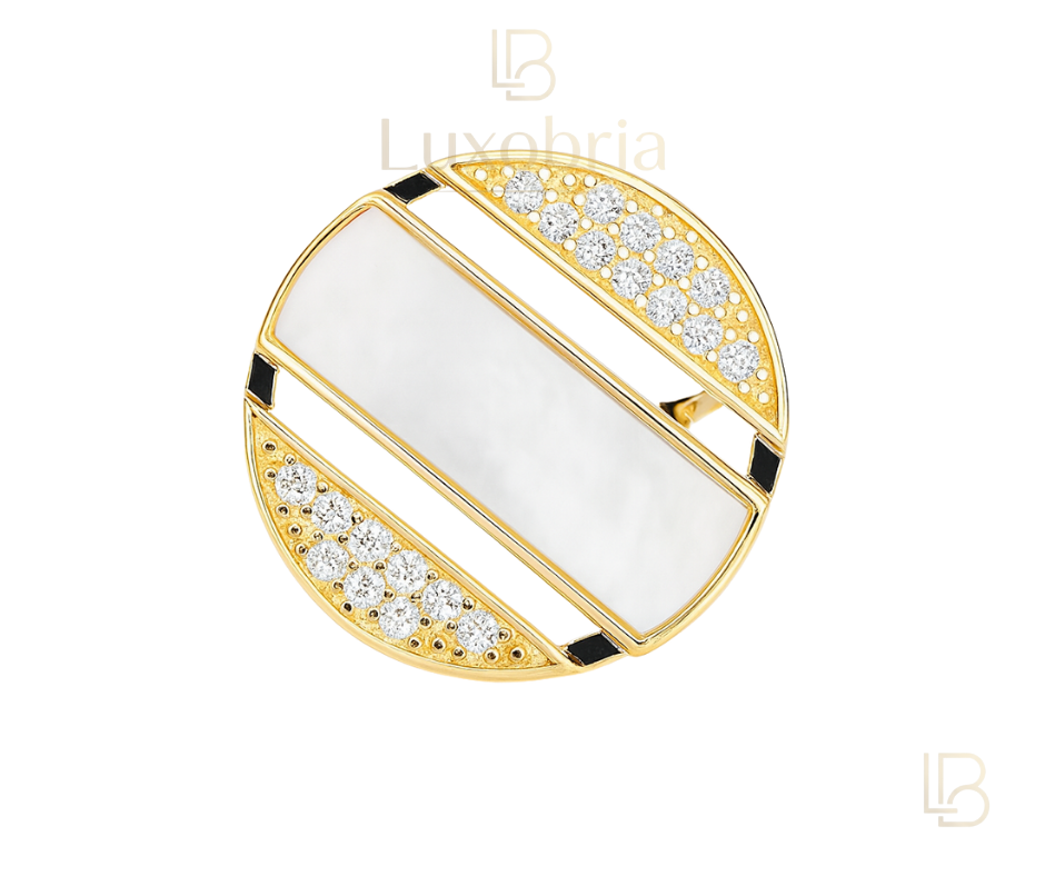 Geometric Mother of Pearl Disc Stud S925 Sterling Silver Moissanites Ring (Gold)