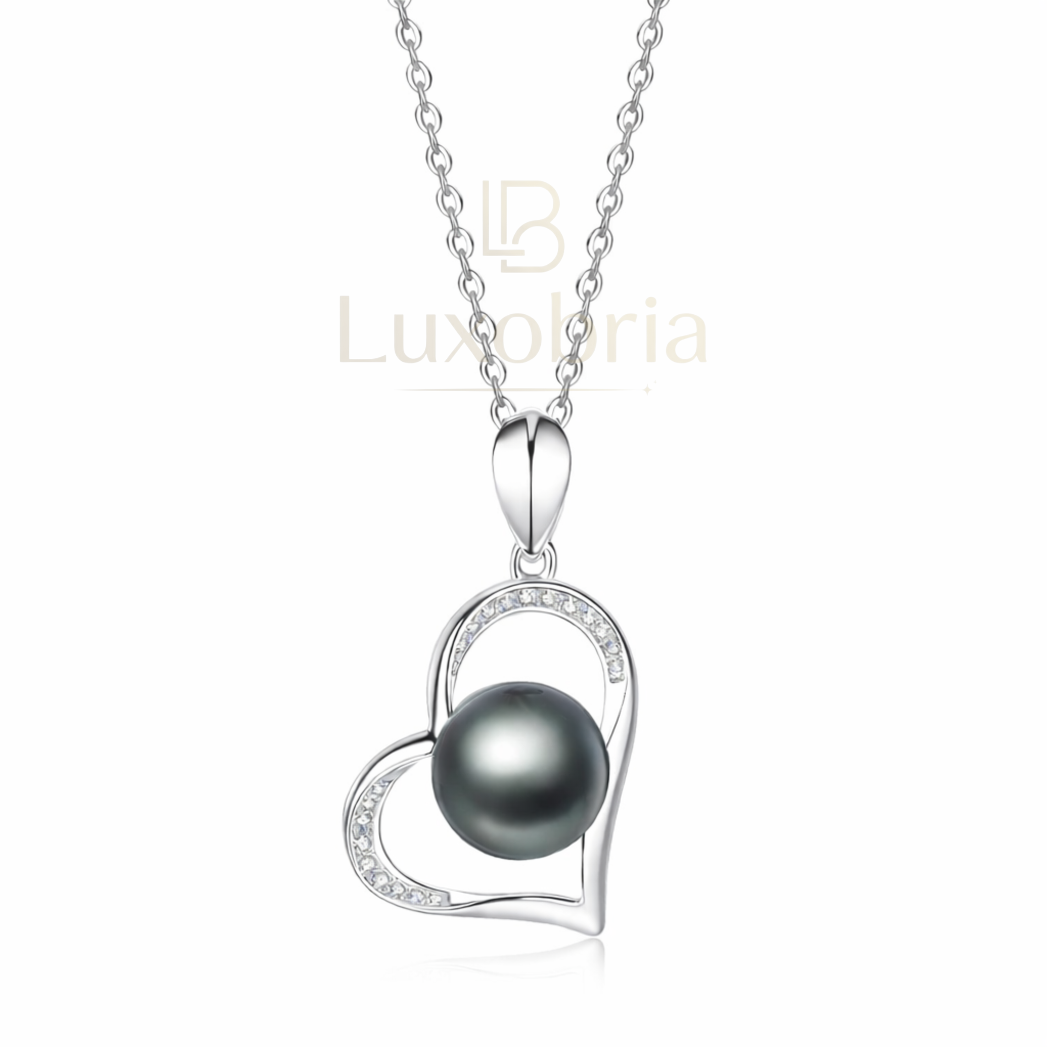 The Amour – Paved Heart Pendant (9-10mm) S925 Sterling Silver Tahitian Black Pearl Moissanite Necklace (Silver)